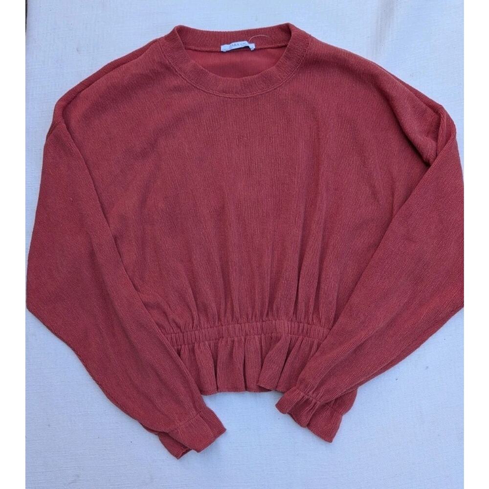 Zara Basic Womens Textured sweater Sz M crop Ruffle Sleeve Elastic waist coral